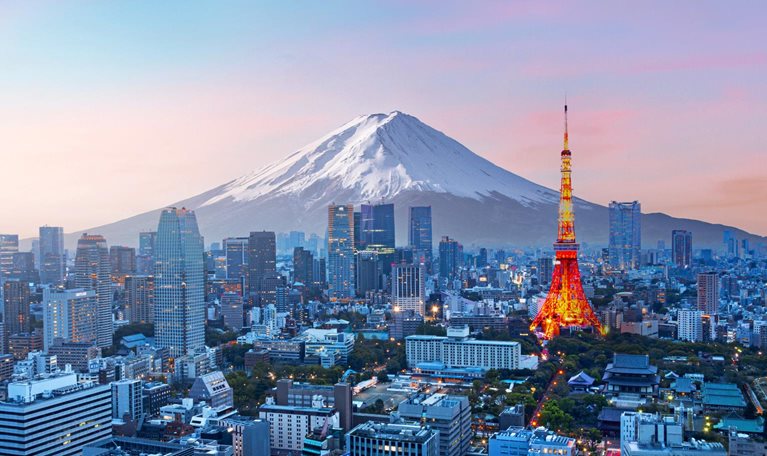 Mt. Fuji and Tokyo skyline at dusk.