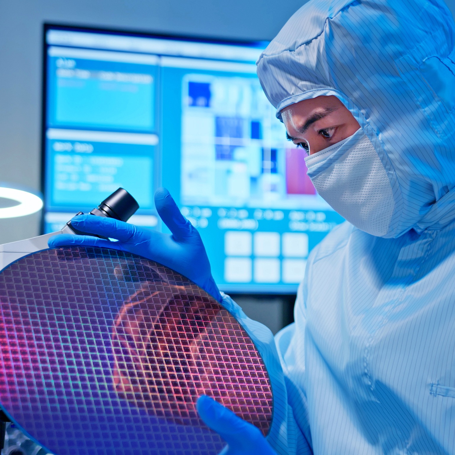 Asian male technician in sterile coverall holds wafer that reflects many different colors with gloves and check it at semiconductor manufacturing plant.