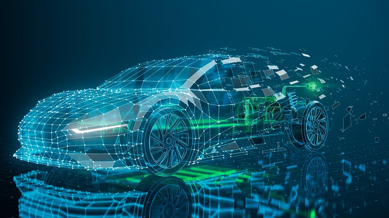 Glowing construction blueprint of futuristic electric car