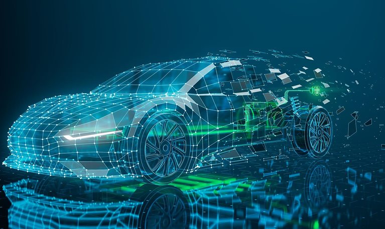 Glowing construction blueprint of futuristic electric car