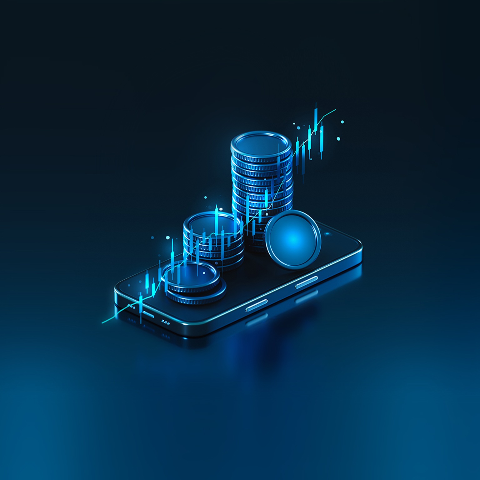 This image depicts a conceptual illustration of digital assets and mobile banking, featuring glowing 3D coins stacked on a smartphone screen.