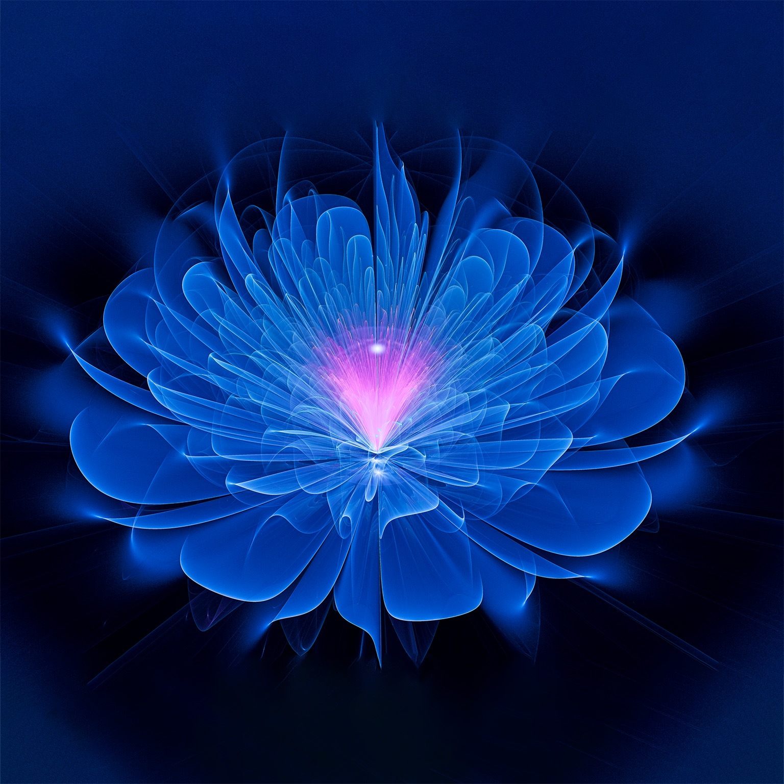 A digital image of a radiant blue fractal flower with a glowing pink center.