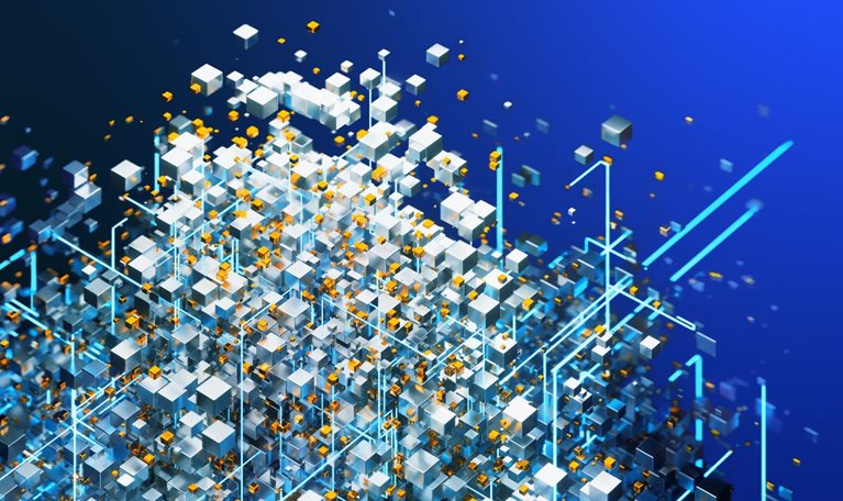 A cluster of silver and white cubes with scattered orange accents, resembling a complex network or data structure. Connecting the cubes are bright blue lines, against a blue gradient background.