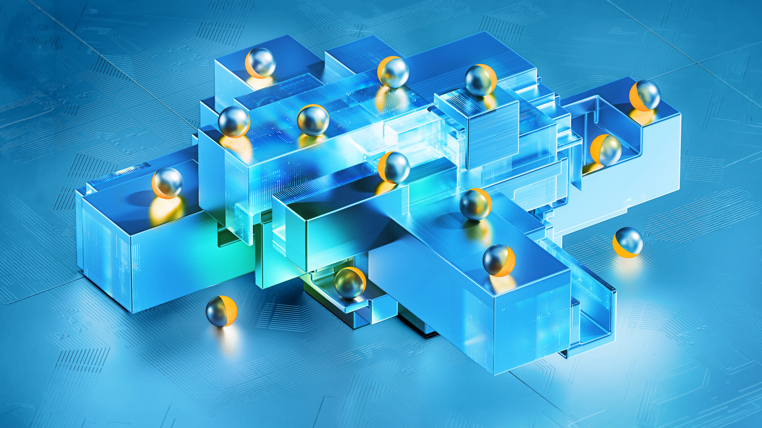 14 metallic spheres with reflective silver-blue surfaces and golden accents are distributed across a geometric structure of translucent blue blocks and platforms interlayered with abstract circuits.