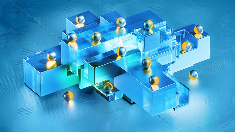 14 metallic spheres with reflective silver-blue surfaces and golden accents are distributed across a geometric structure of translucent blue blocks and platforms interlayered with abstract circuits.