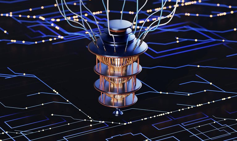 A futuristic quantum computer sits atop a glowing circuit board, symbolizing advanced technology, artificial intelligence, and the future of data processing. The intricate circuitry beneath the device highlights the complexity and power of quantum computing.