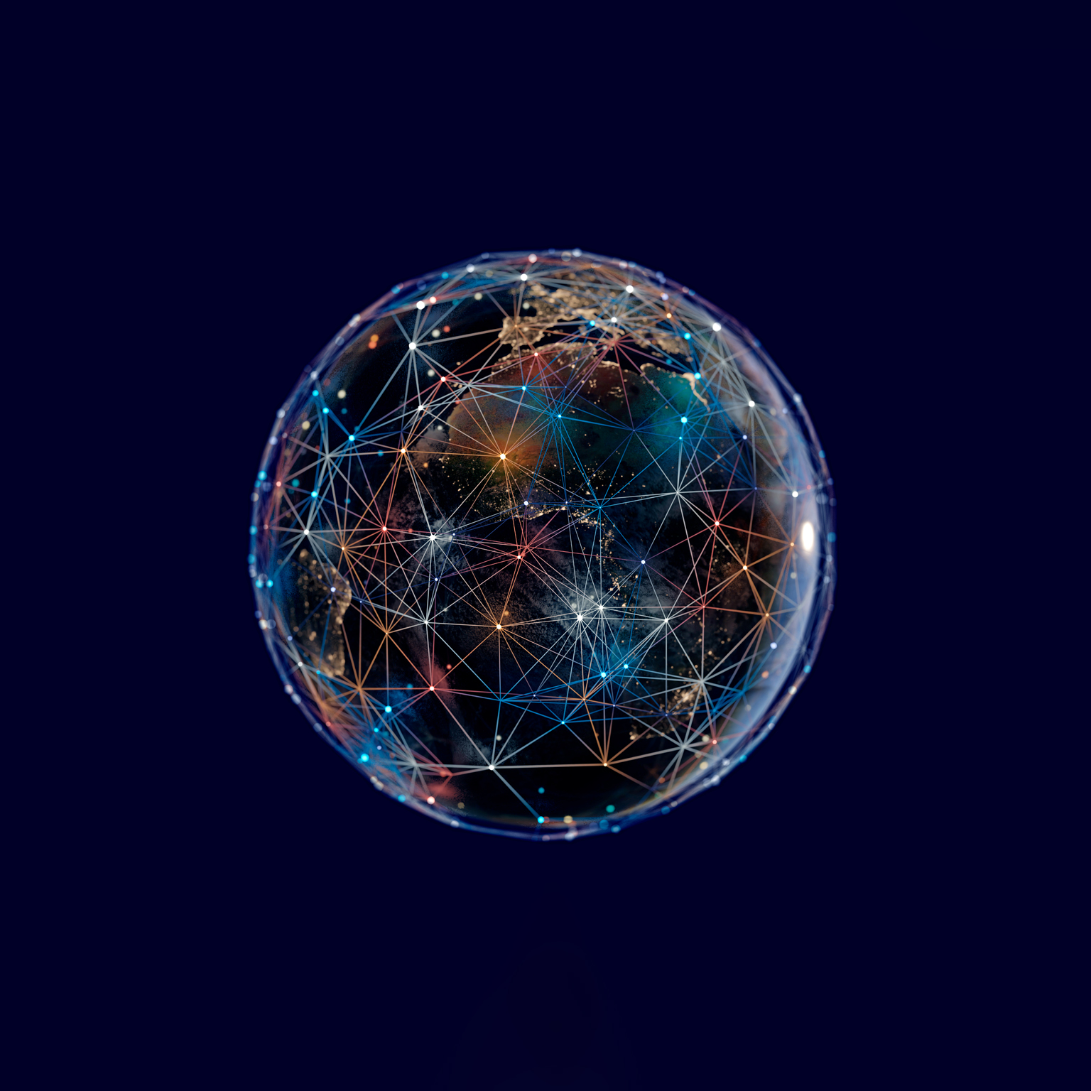A digital globe with colorful connected nodes and lines representing networks
