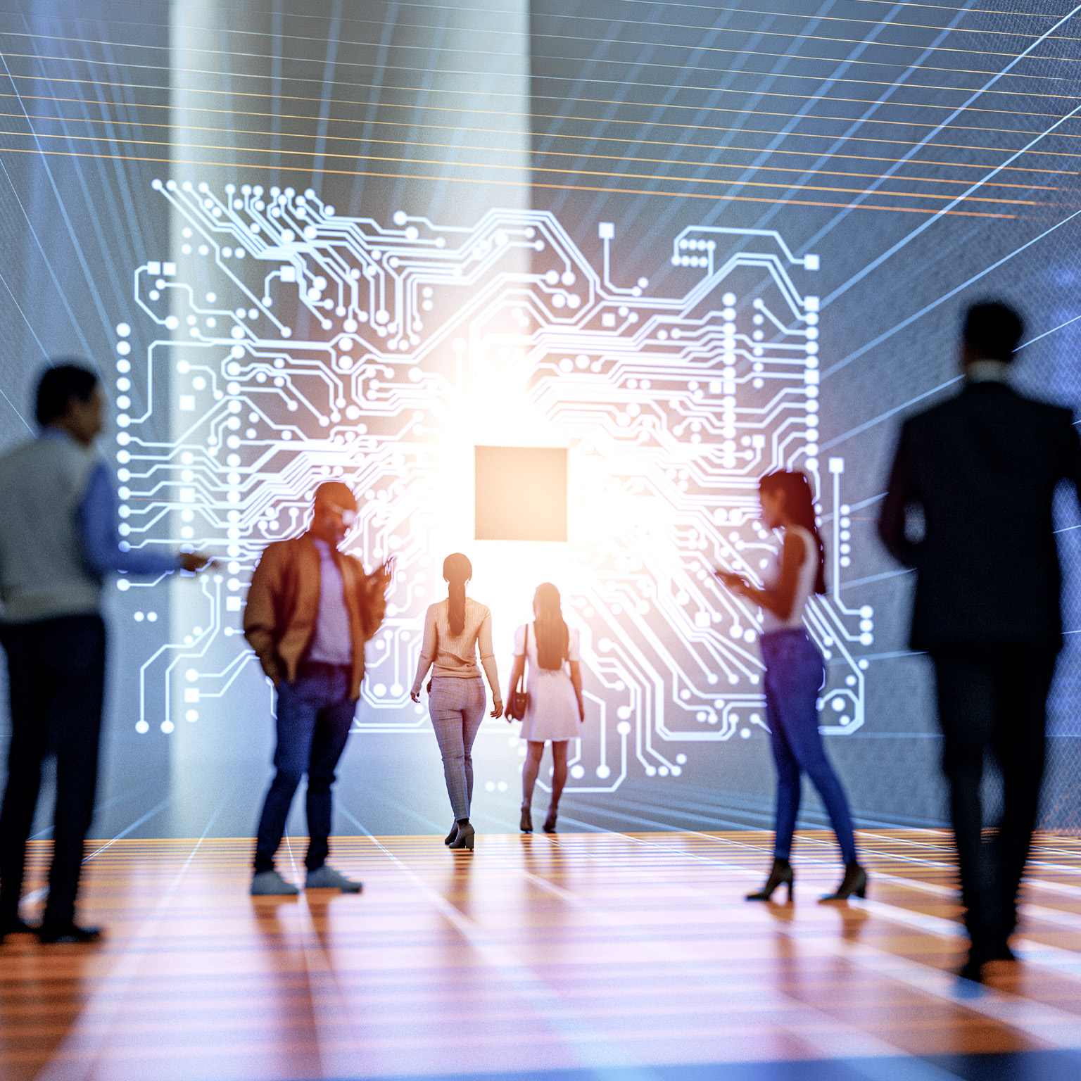 A diverse group of people is shown in a futuristic, digital environment, walking towards a large, glowing graphic of a circuit board.