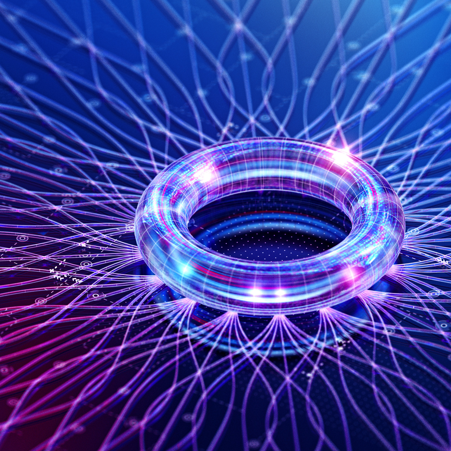  A futuristic abstract digital composition of a glowing translucent ring surrounded by radiating blue, cyan, and magenta network lines. 