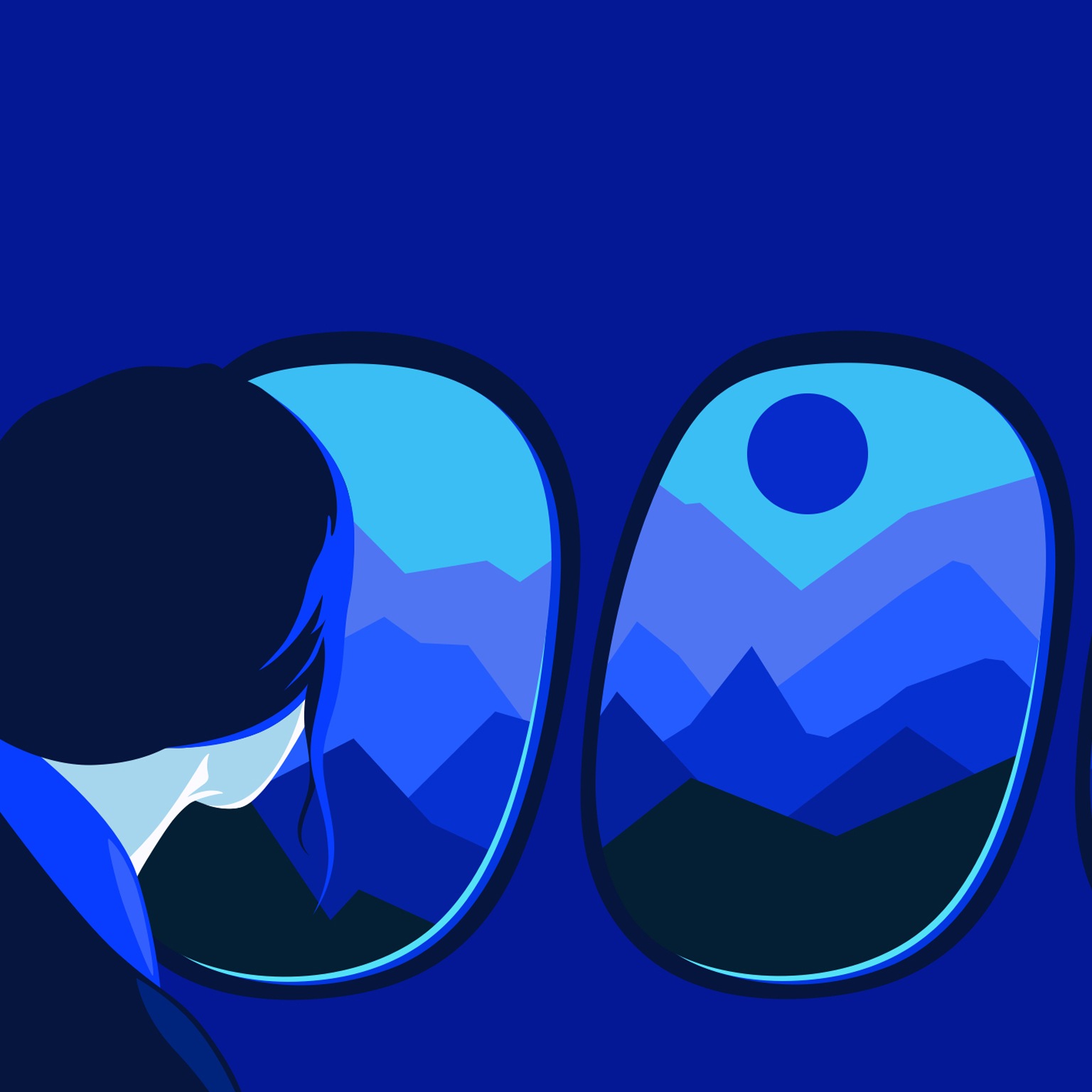 A minimalist animation of a woman on an airplane looking out the window at blue layered mountains
