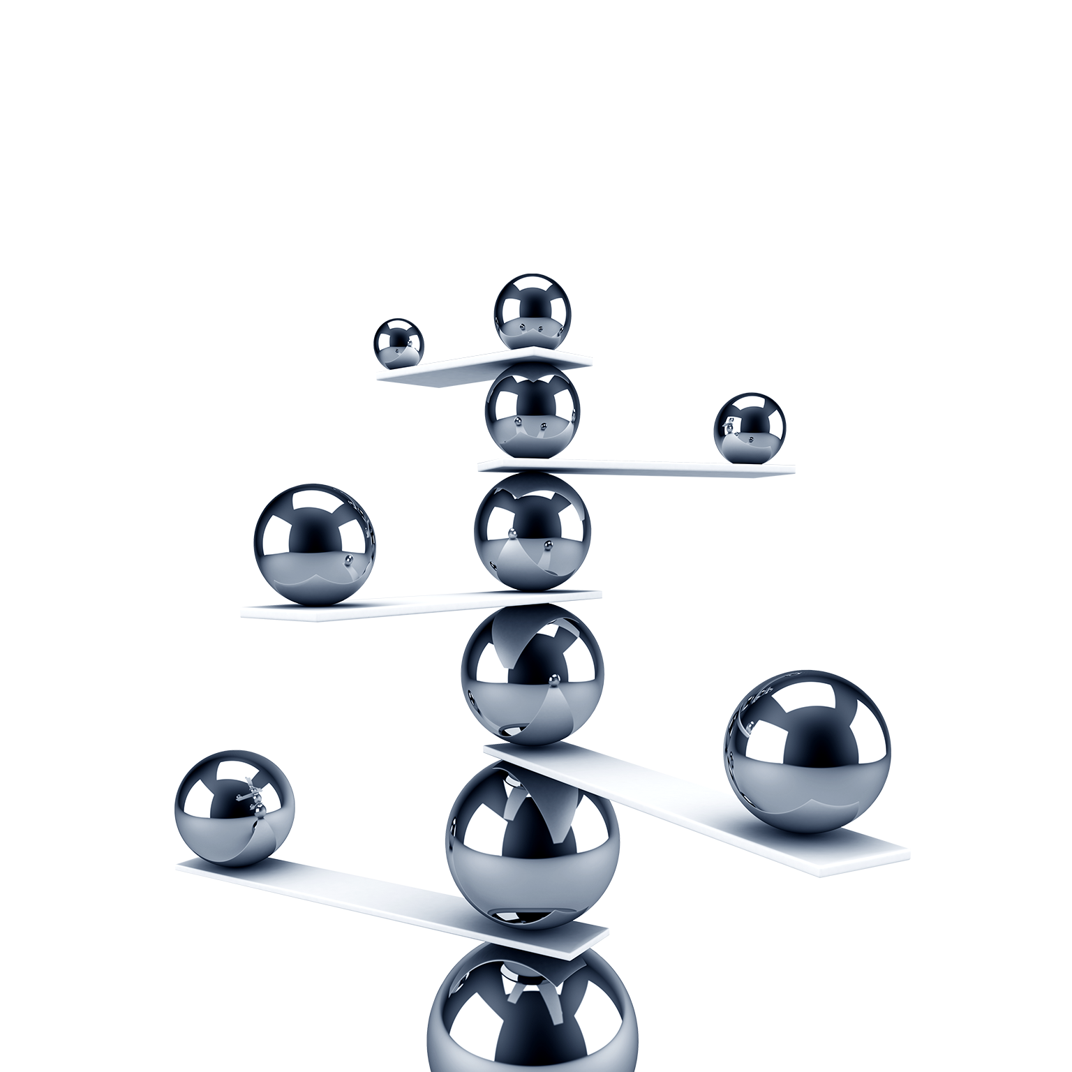3d rendering of carefully balanced spheres stacked on top of each other. 