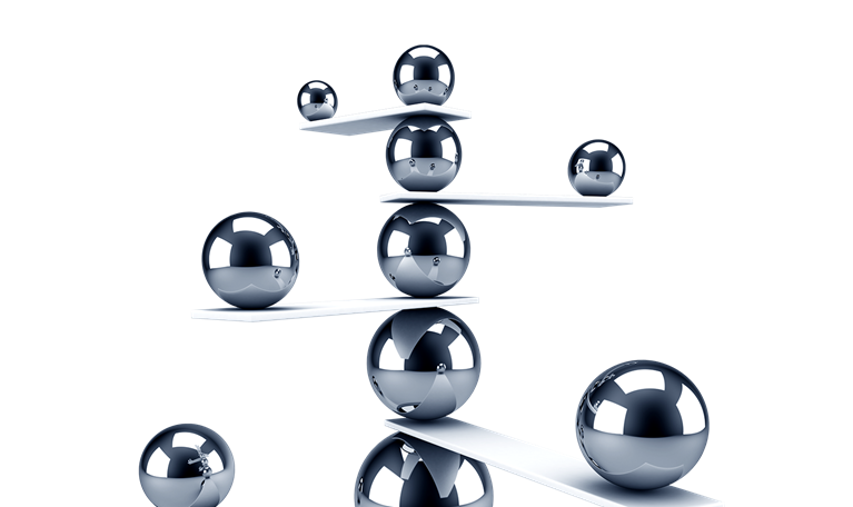 3d rendering of carefully balanced spheres stacked on top of each other.