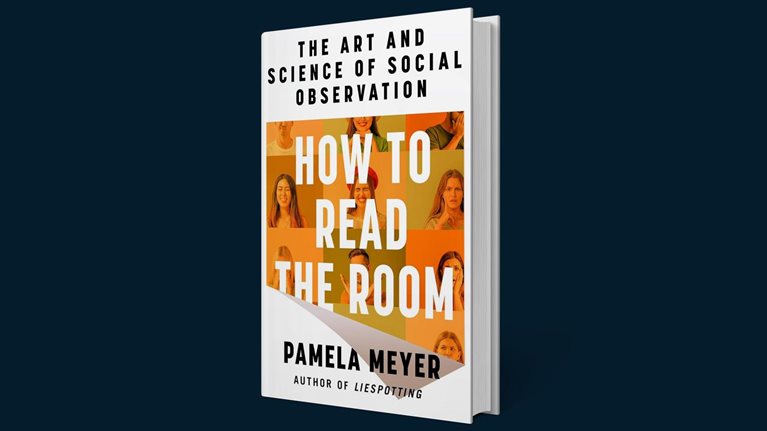 A book titled How to Read the Room by Pamela Meyer is shown against a dark blue background, with a cover featuring portraits of people displaying varied expressions.