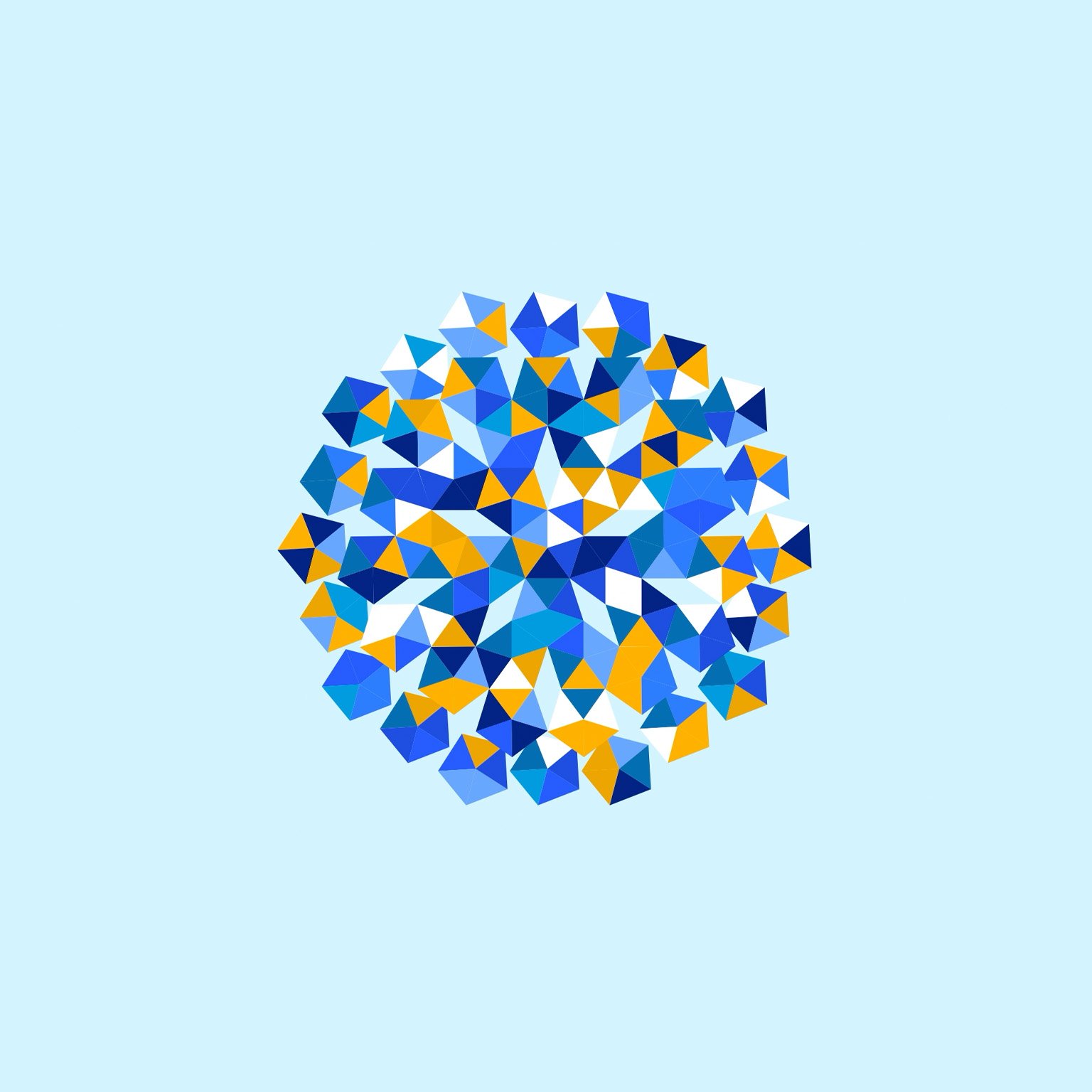 An animated pentagon shaped mosaic sits against a pale blue background. It is made of smaller blue, white, and orange triangular facets that rotate to reveal shifting patterns.