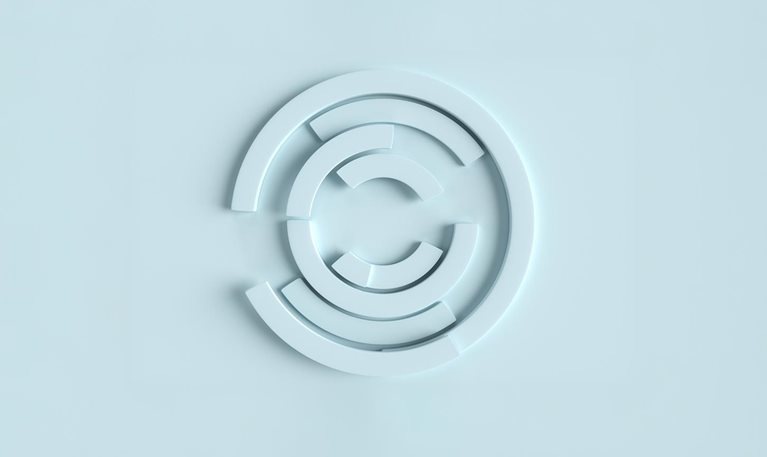 Circular, white maze filled with white semicircles.