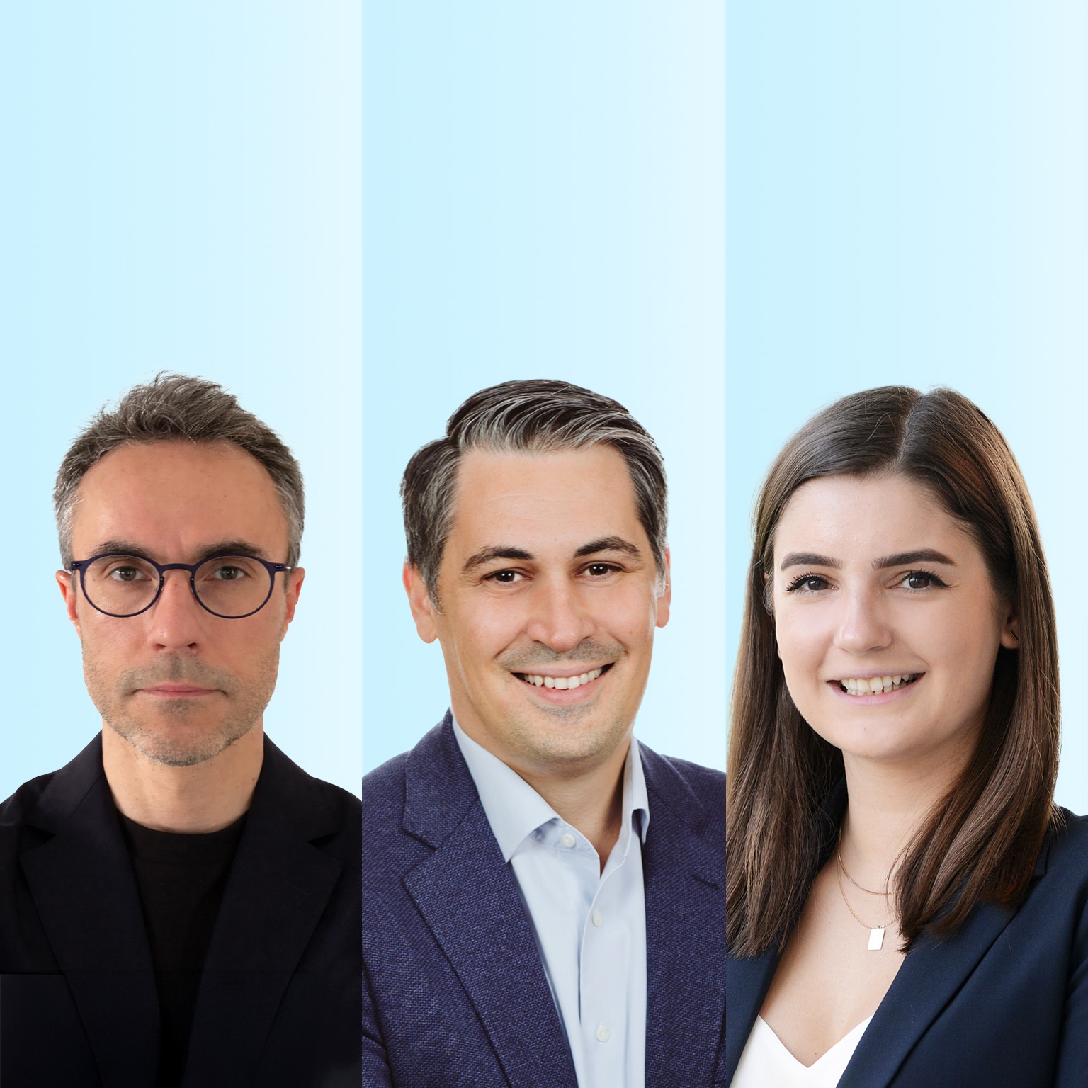 The image features three professional headshots of Ali Ustun, Luca Bennici, and Melanie Krawina placed side by side against a light blue background. 