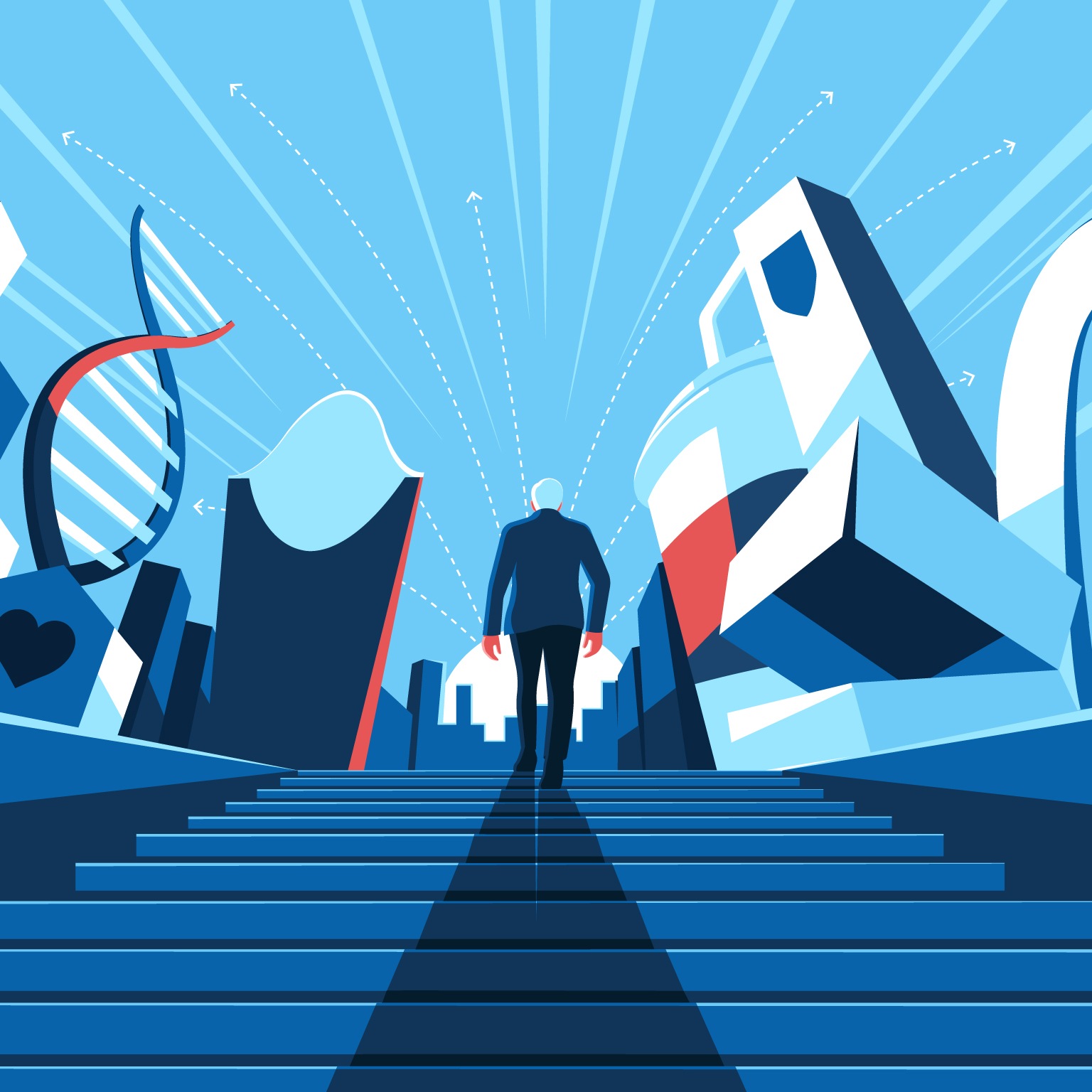  A solitary figure ascends a set of steps toward a futuristic cityscape filled with abstract structures and symbols