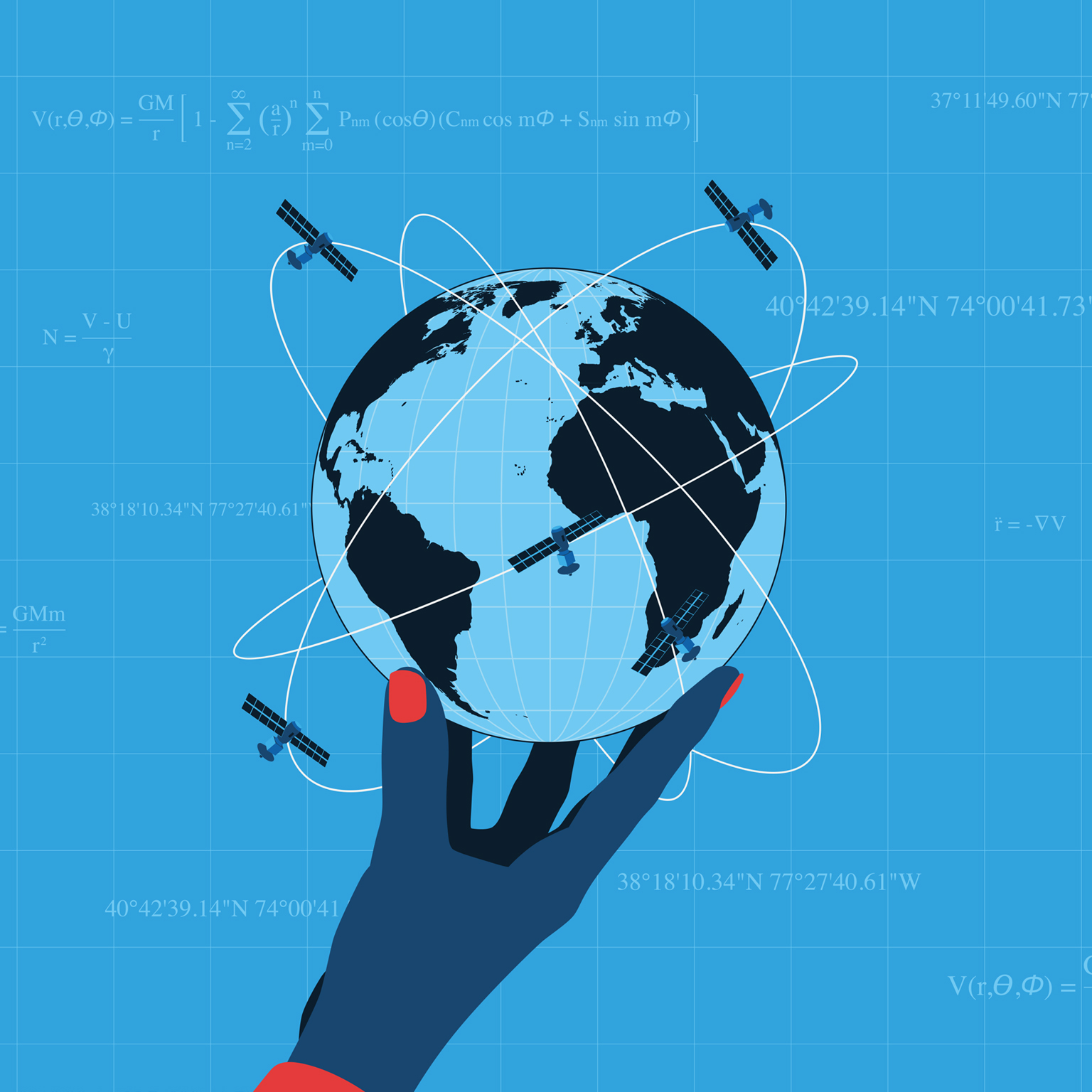  Hand holding a globe with orbiting satellites with a system of complex, iterative calculations combining physics, satellite data, and numerical modeling in the background