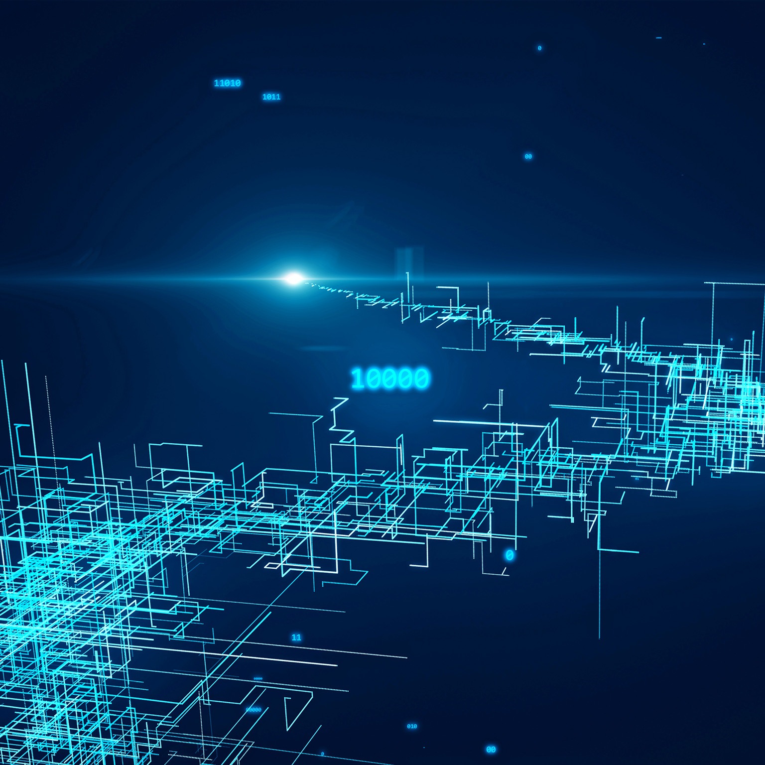A brilliant illumination followed by a complex web of linked lines and nodes, resembling a circuit board, all depicted in varying shades of blue.
