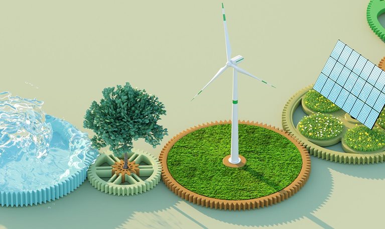 Illustration showing various sustainable energy sources in circular pattern.