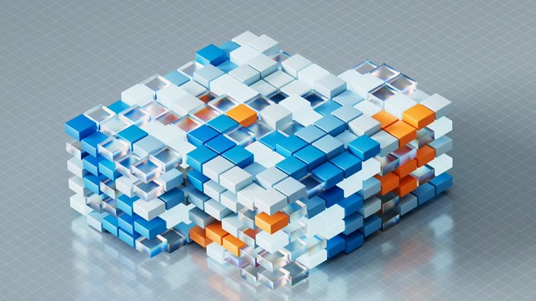 Colorful flat-shaped cubes in shades of blue and orange, shuffling around in a hurried manner to create various shapes and color patterns.