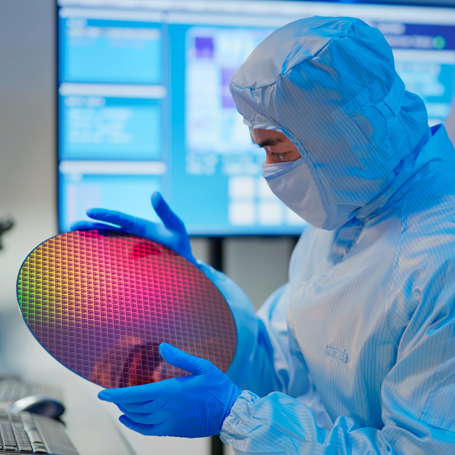 Male technician in sterile coverall holds wafer that reflects many different colors with gloves and check it at semiconductor manufacturing plant.