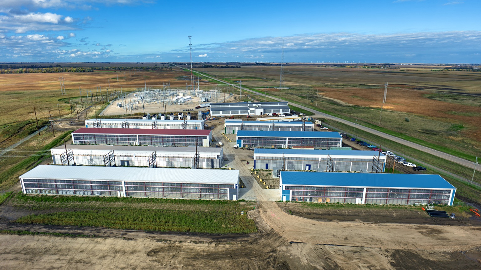 Aerial shot of a data center warehouse in a remote location in Stutsman County, North Dakota.