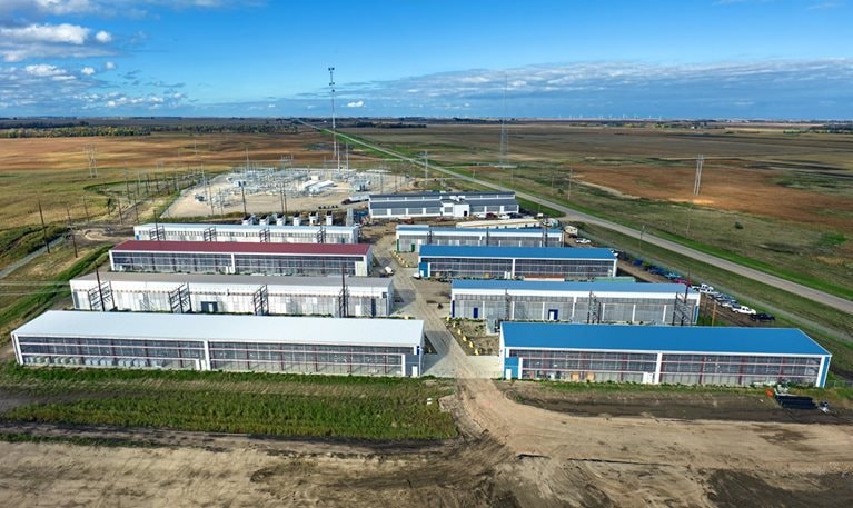 Aerial shot of a data center warehouse in a remote location in Stutsman County, North Dakota.