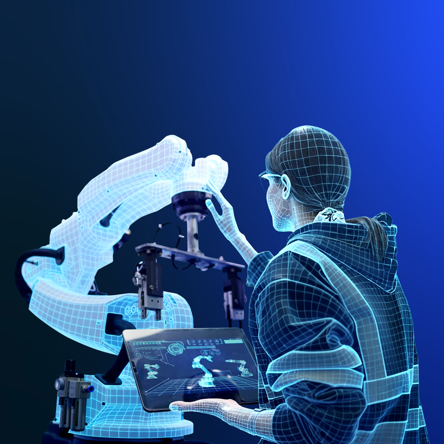 A woman depicted in a glowing blue digital wireframe style interacts with an industrial robotic arm, adjusting its components via a tablet. She is wearing a heavy manufacturing style jacket and the scene is set against a dark blue gradient background.