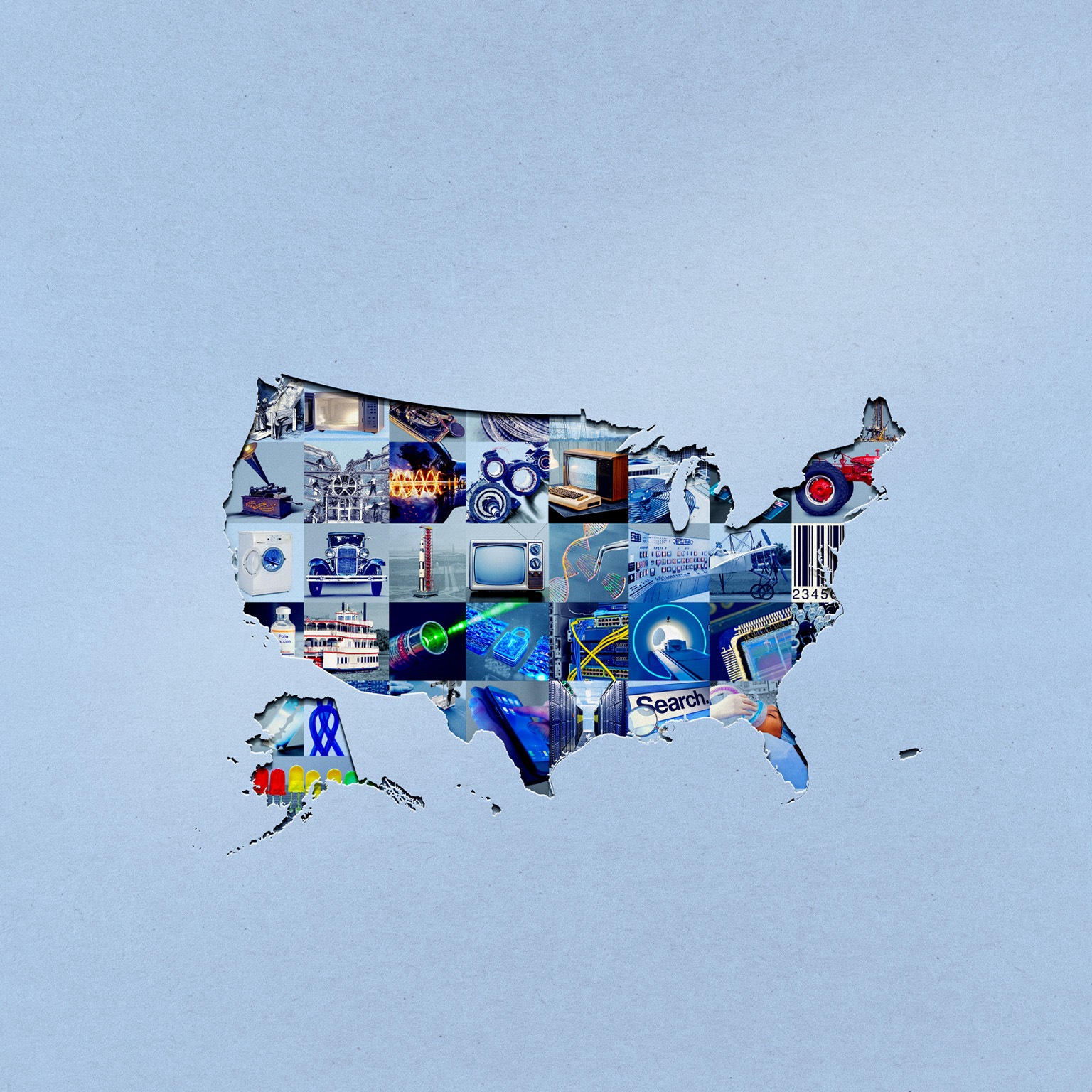 A cutout silhouette of the United States filled with a collage of photographs representing American technological innovations spanning 250 years. Inside the map are images of inventions and advancements such as vintage cars and televisions, farm equipment, computer chips, servers, DNA strands, medical scanners, and digital technology, symbolizing America’s technological progress and competitive edge.