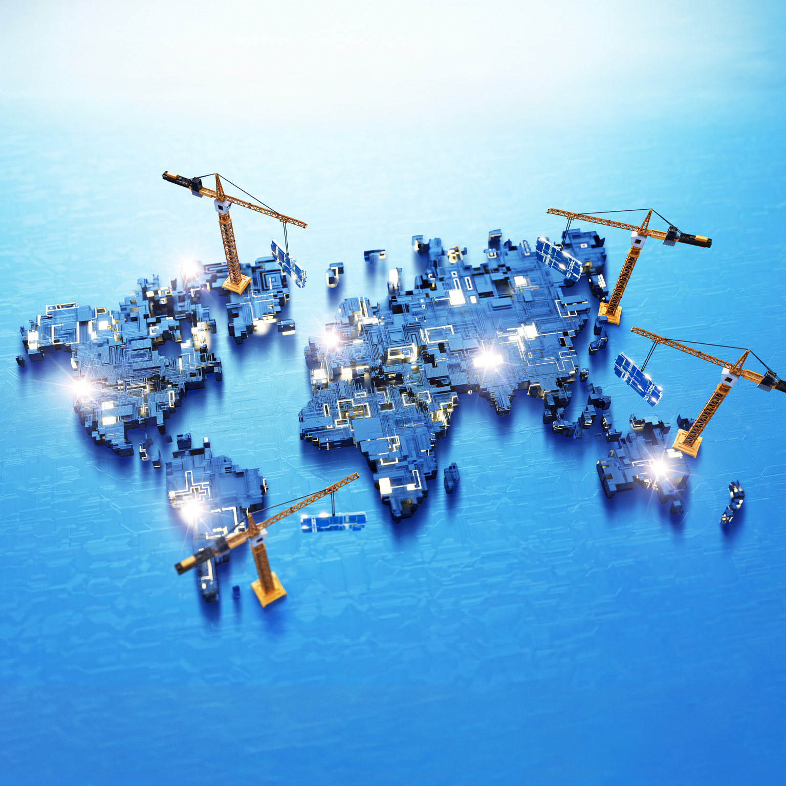 A conceptual illustration of a world map built from interconnected circuit-board components, with several orange construction cranes appearing to assemble different regions. The image is accented by glowing circuitry and blue color palette.