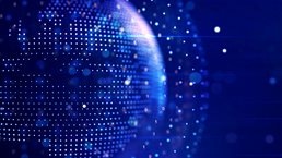 Abstract graphic world map illustration on blue background, big data and networking concept