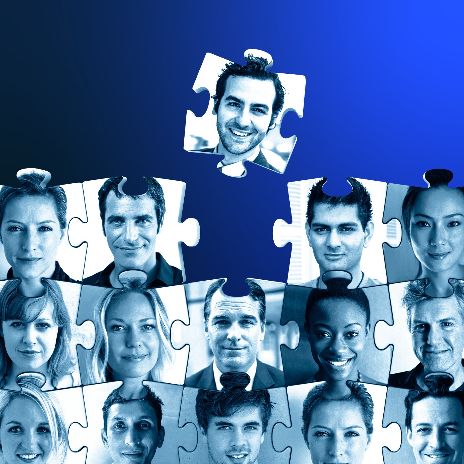 A picture of a puzzle with different faces on each pieces, with a missing piece in the middle and another flying off.