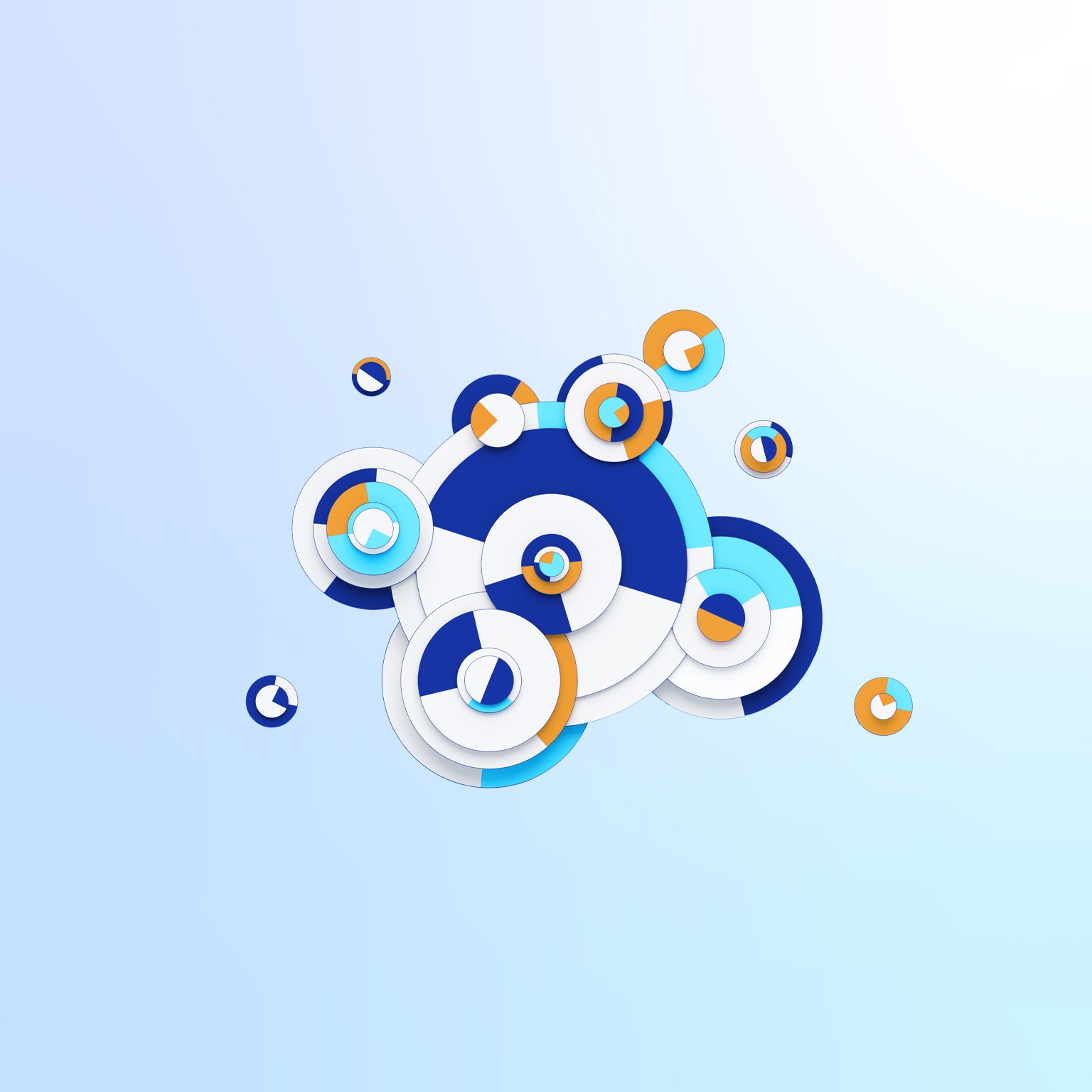 A collection of overlapping circles in blue, white, and orange hues set against a pale blue background. The circles vary in size and some resemble pie charts, creating a sense of depth and playful data. 