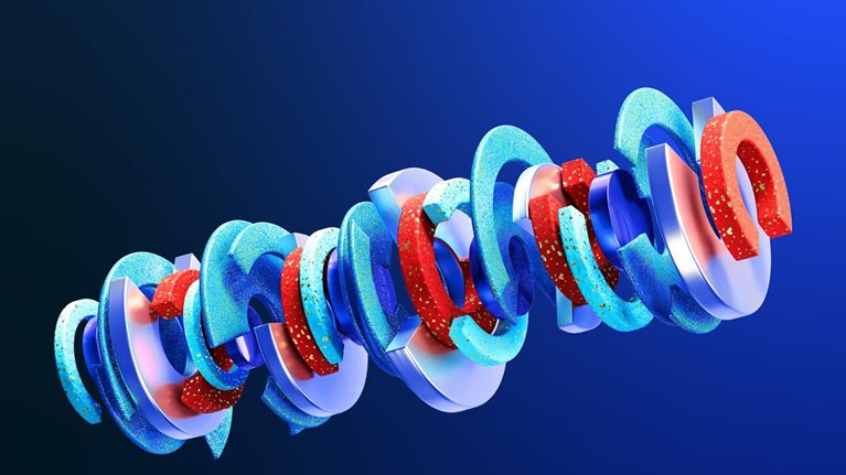 A long, twisting chain of interlocking, semi-circular 3D shapes in bright blues and reds, textured with speckles and metallic surfaces. It sits against a deep blue gradient background, giving the composition a futuristic and dynamic visual feel.