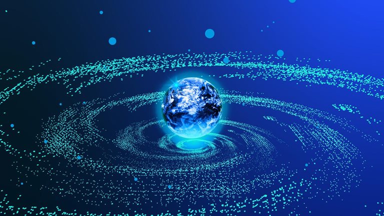 A glowing Earth sits at the center of swirling rings of luminous data points and digital connections against a deep blue background.
