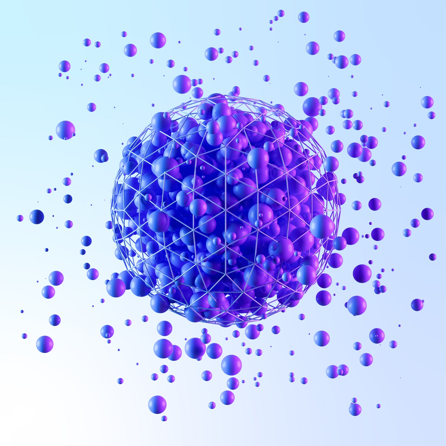 Sea of floating orbs busting out of a sphere made of a mesh network of wire.