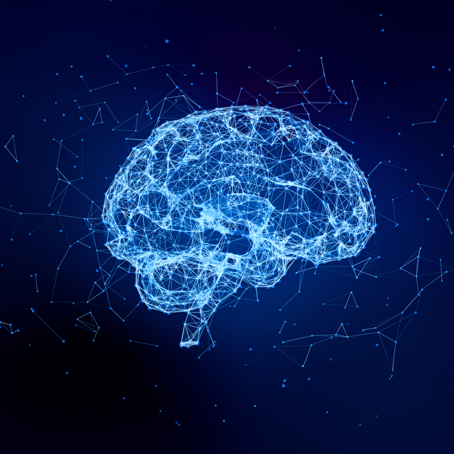 Abstract illustration of a glowing wireframe brain made of interconnected blue lines and nodes against a dark blue background.