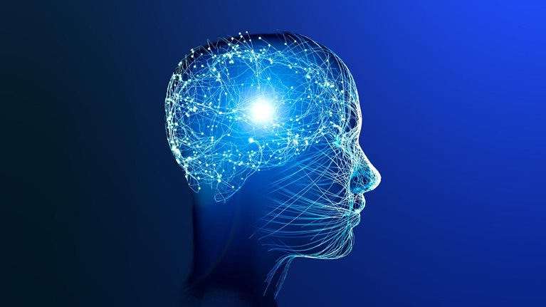 A stylized profile of a human head depicted in blue hues, with an illuminated network of lines and nodes symbolizing neural activity within the brain.