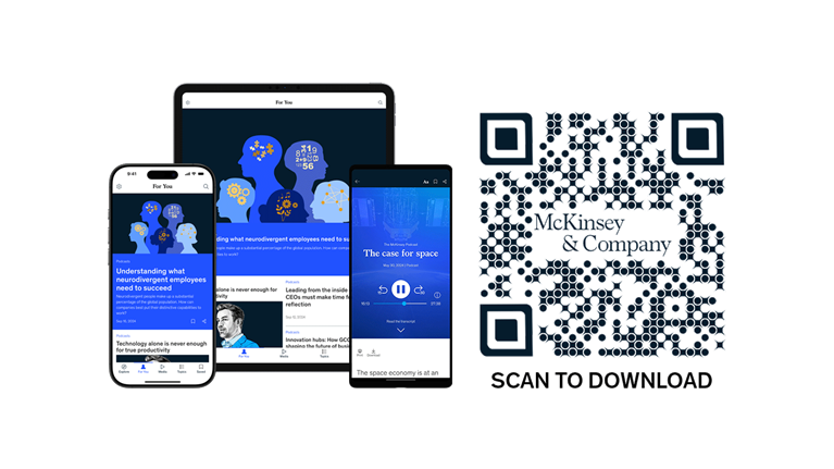 Tablets and smart phones displaying the McKinsey Insights App for iOS and Android