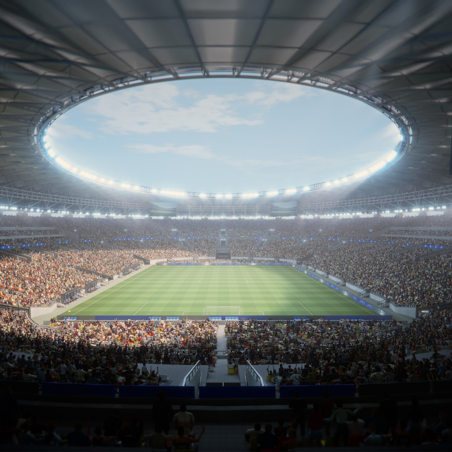 Day Aerial View of a Soccer Stadium During a Championship Match. the Field Is Surrounded by Enthusiastic Fans. Big Event with Happy Crowd.