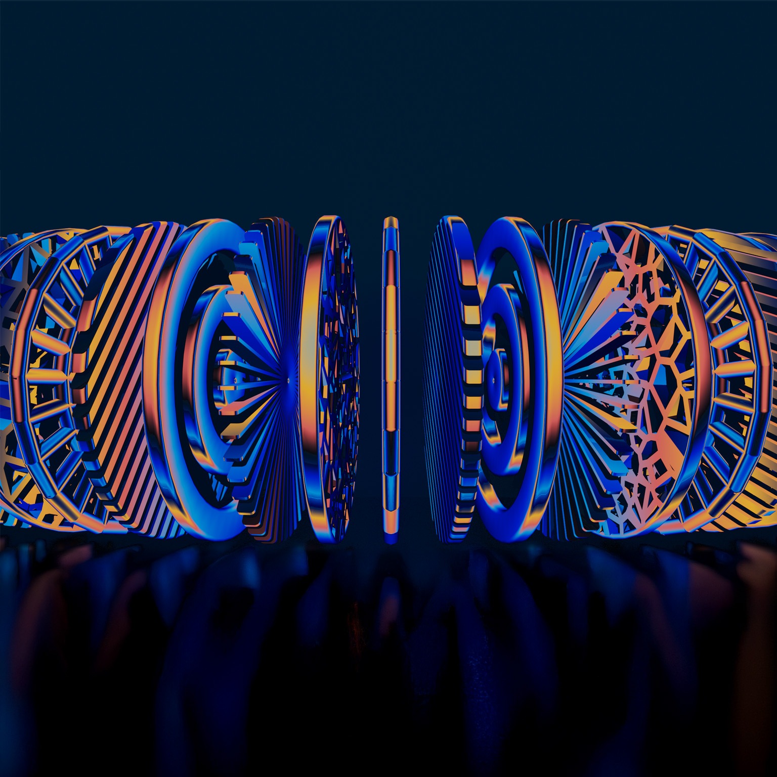 An image of a symmetrical arrangement of abstract, 3D, disc-shaped objects. The shapes feature various patterns, including concentric circles, spokes, and intricate lattice structures, and are arranged vertically, fanning out symmetrically to the left and right. The objects are shaded in vibrant gradients of metallic blue, orange, and yellow. 