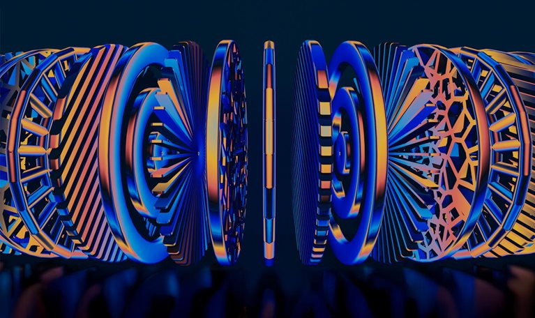 An image of a symmetrical arrangement of abstract, 3D, disc-shaped objects. The shapes feature various patterns, including concentric circles, spokes, and intricate lattice structures, and are arranged vertically, fanning out symmetrically to the left and right. The objects are shaded in vibrant gradients of metallic blue, orange, and yellow.