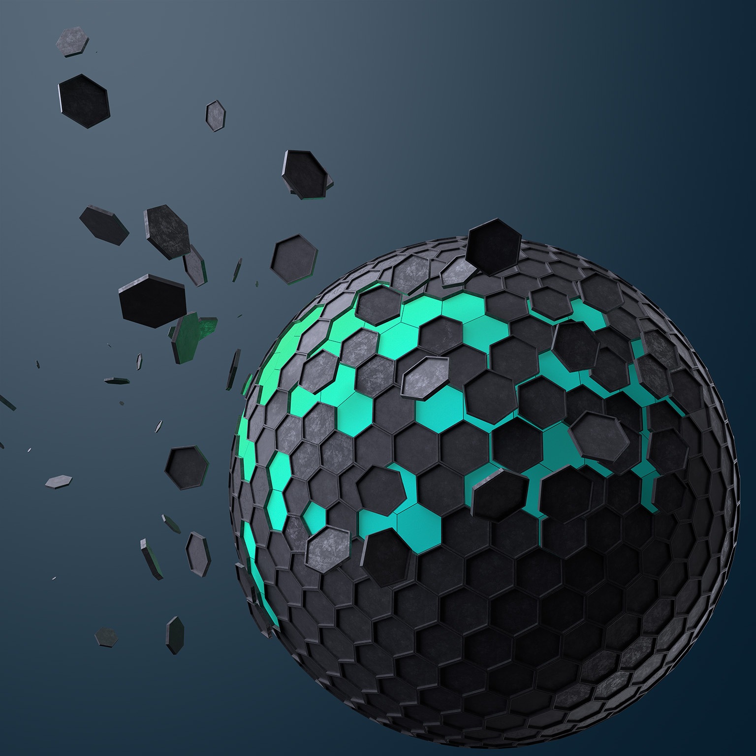 Image of a spinning sphere with dark hexagon shapes peeling off and floating away revealing a green sphere underneath.