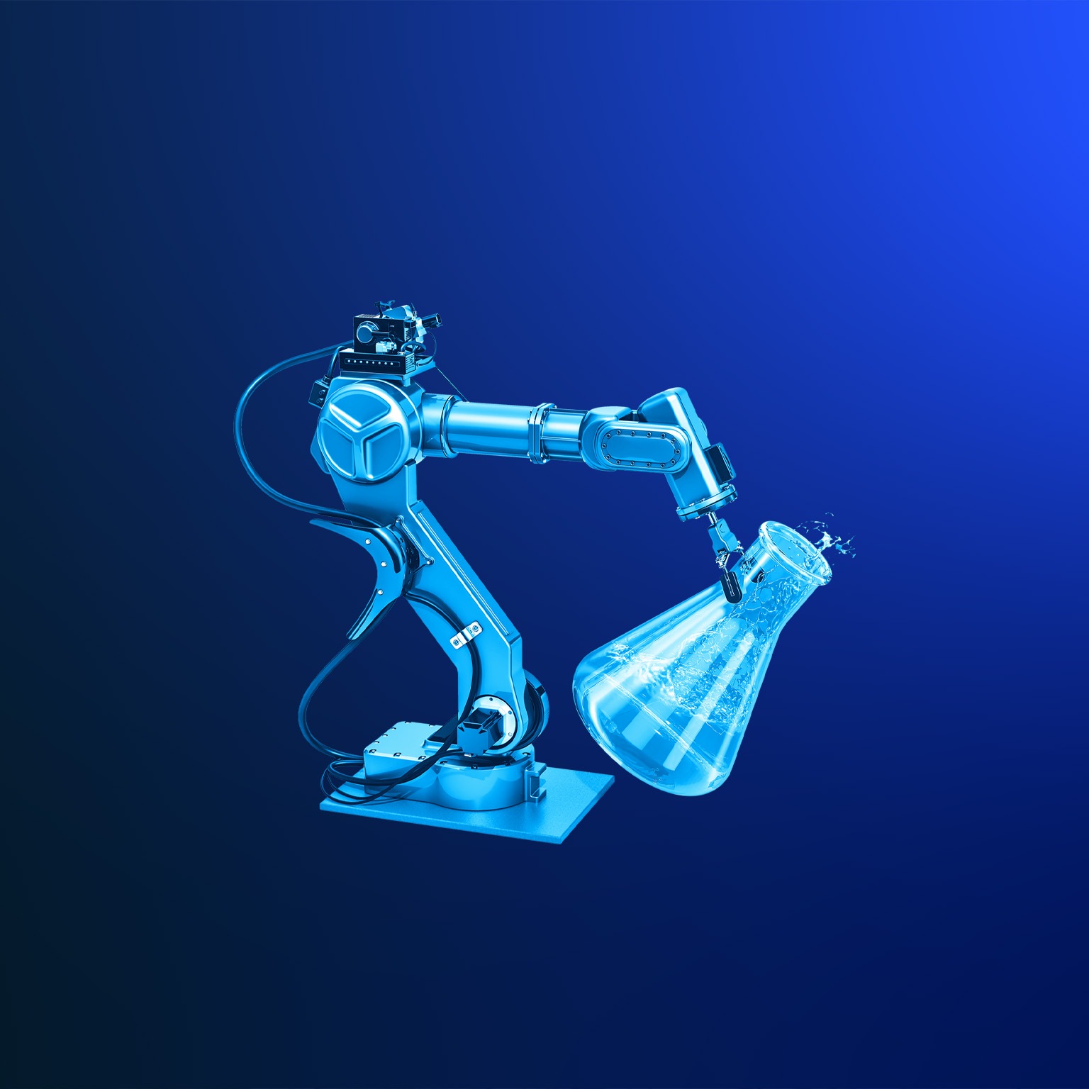 A robotic arm is pouring a chemical liquid into a blue glass beaker 