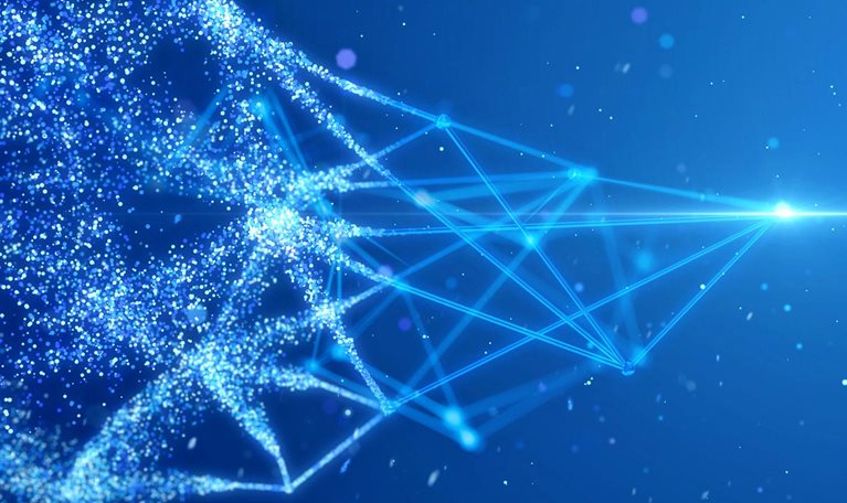 A network of light points culminating in a bright light at one end and on the other end, the other half of the network is expanding by breaking into smaller sparks of light