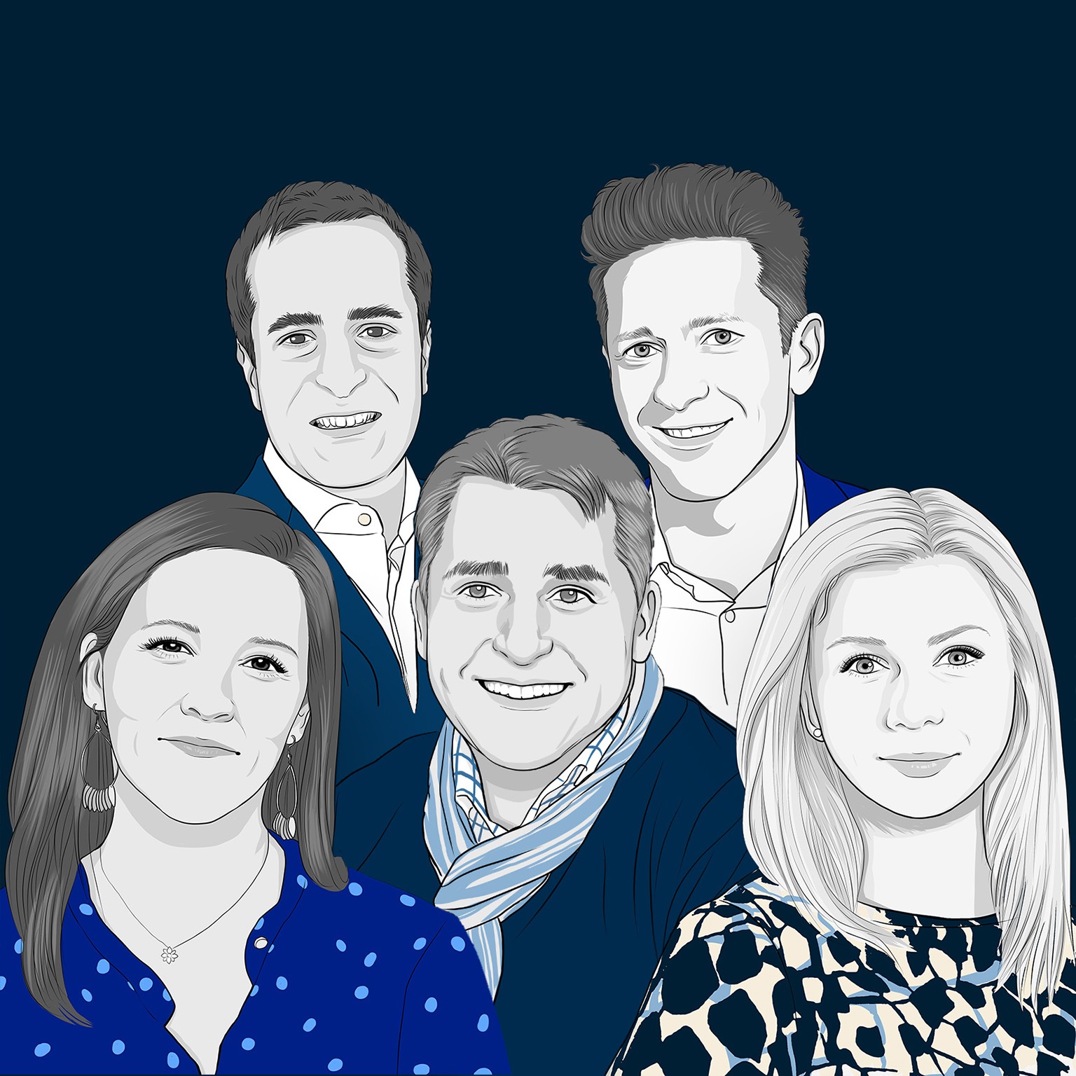 Illustration of Lex Bradshaw-Zanger, Jessica Myers, Yilmaz Erceyes, Fiona Spooner, and Christian Thrane