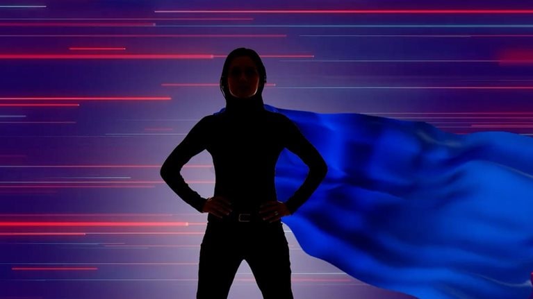 Silhouette of person wearing blue cape with glowing bars of light behind them