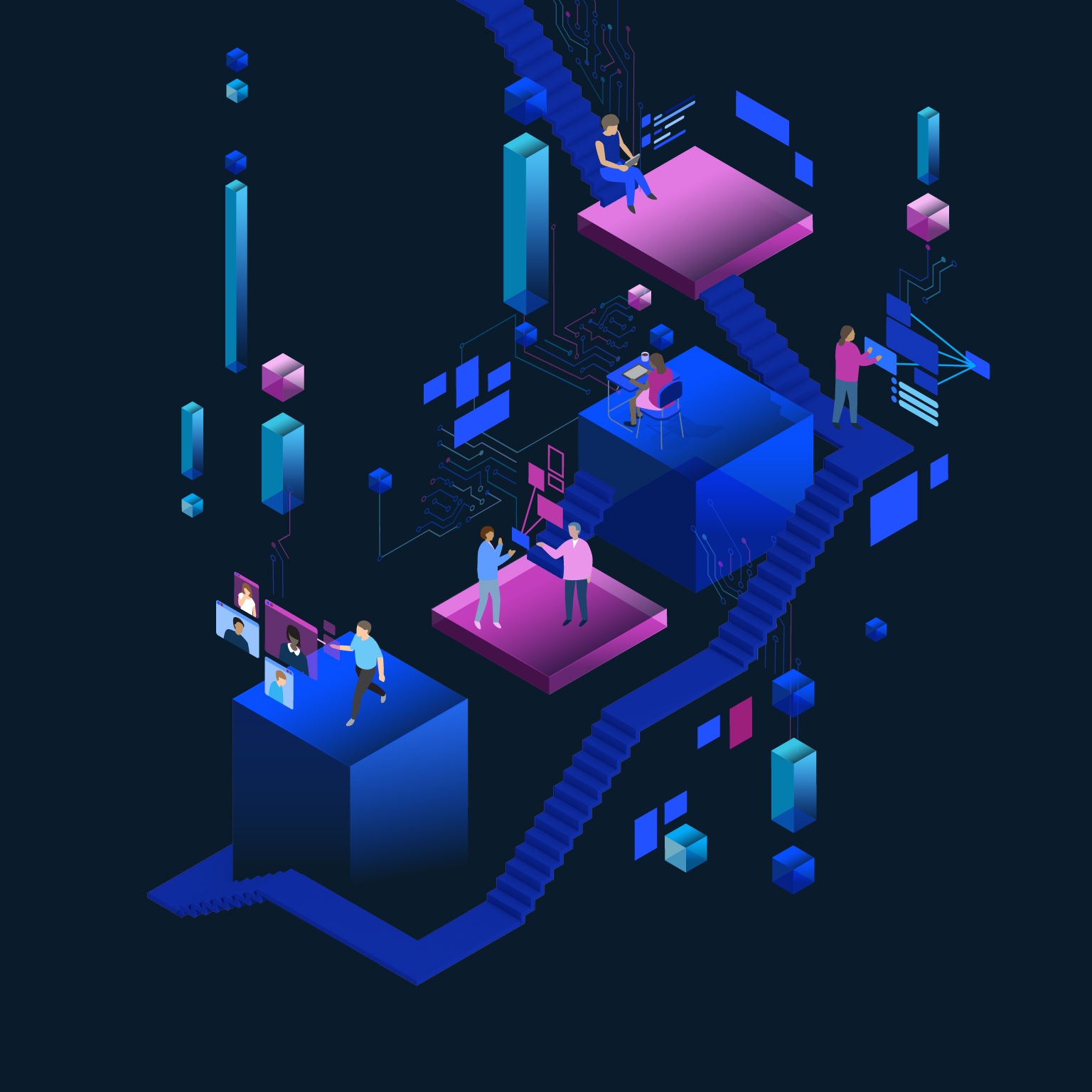 An isometric illustration of people within an organization working with data. They are utilizing various tools of artificial intelligence.