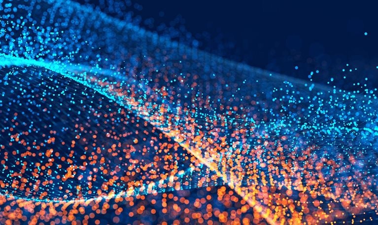 Digital image of waves made of different colored light points